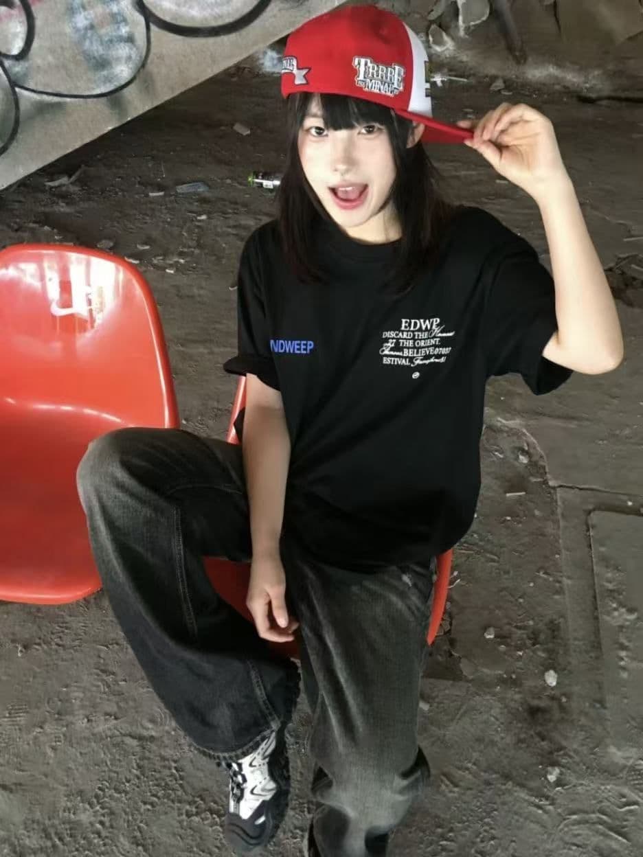 아메리칸 레트로 순면 빗질하다 닫기 라운드 넥 프린트 반팔 티셔츠 여성