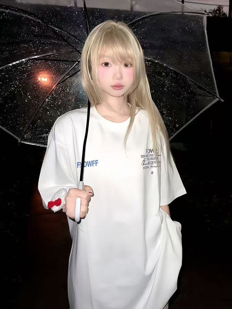 아메리칸 레트로 순면 빗질하다 닫기 라운드 넥 프린트 반팔 티셔츠 여성 이미지 4