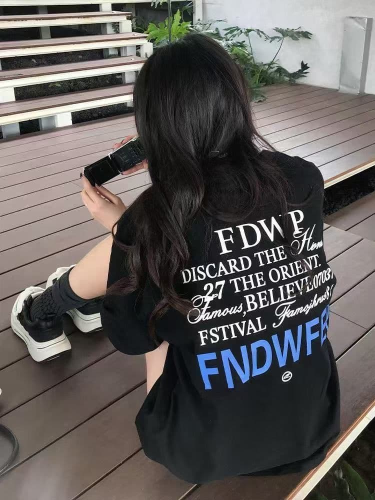 아메리칸 레트로 순면 빗질하다 닫기 라운드 넥 프린트 반팔 티셔츠 여성 상세 이미지 3