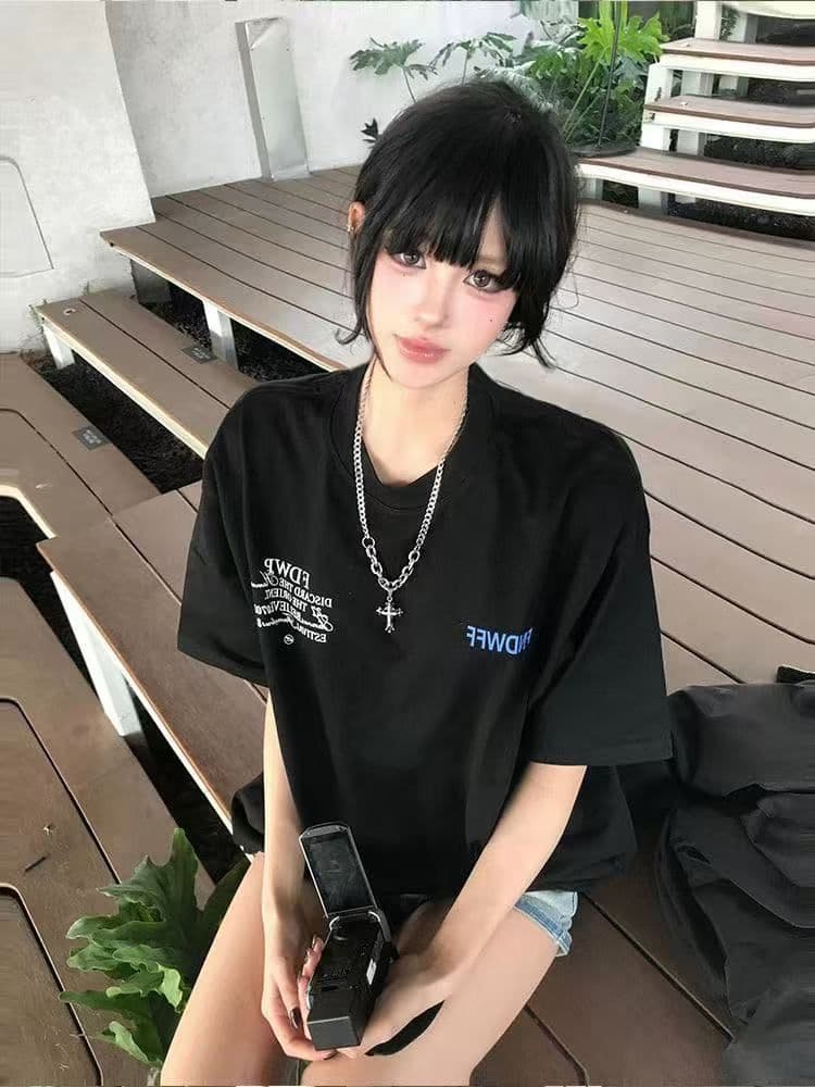 아메리칸 레트로 순면 빗질하다 닫기 라운드 넥 프린트 반팔 티셔츠 여성 상세 이미지 4