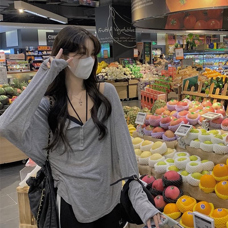 한국 스타일 새로운 순수한 욕망 바람 티셔츠 여성 여름 회색 얇은 자외선 차단 긴팔 에어컨 작은 블라우스 루즈핏 중간 길이 맨위 이미지 3