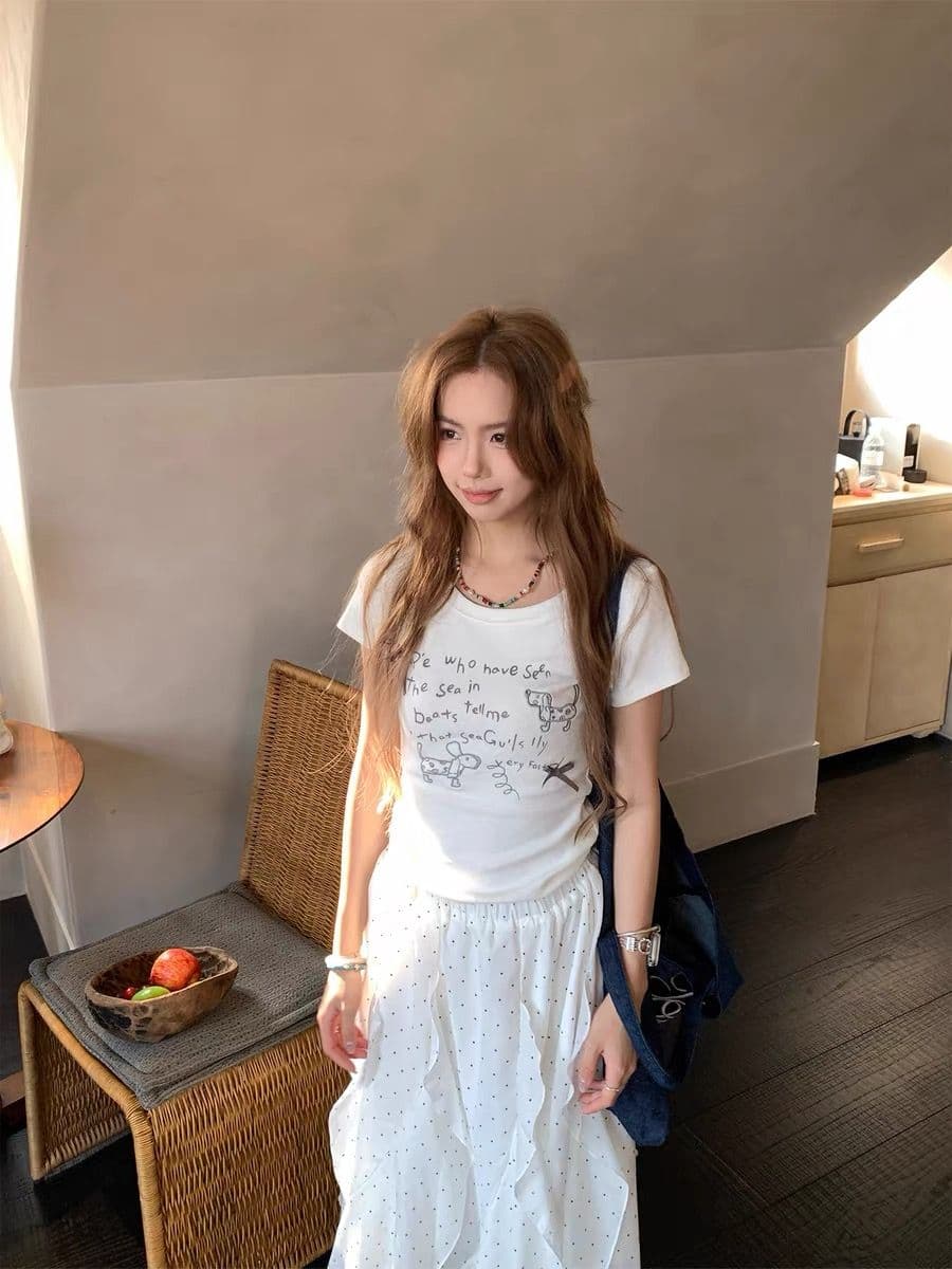 아메리칸 레트로 순면 프린트 몸매 가꾸기 반팔 티셔츠 여성 이미지 4