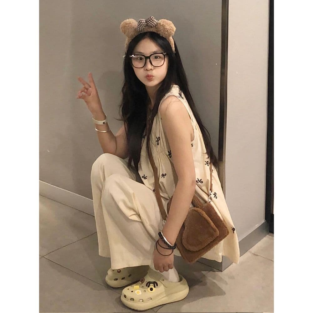 한 부서 나비 매듭 프린트 조끼 여성 셔츠 여름 달콤함 루즈핏 중간 길이 민소매 인형 셔츠 외출용 맨위 이미지 4