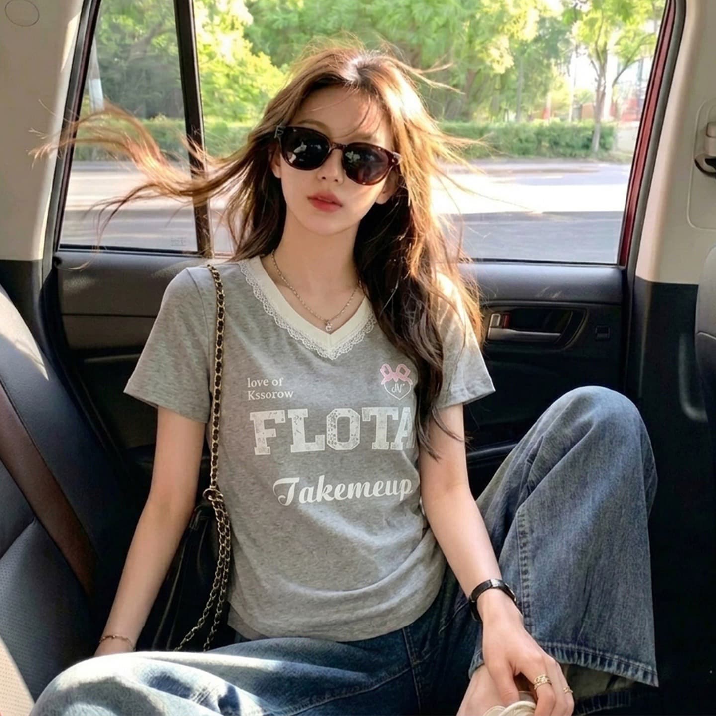 40 순면 리브 210 그램 1 1 아메리칸 핫걸 빛 요리 한 바람 배색 V넥 반팔 티셔츠 이미지 5