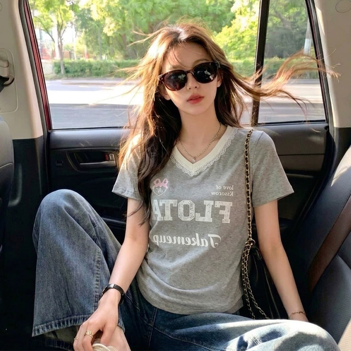 40 순면 리브 210 그램 1 1 아메리칸 핫걸 빛 요리 한 바람 배색 V넥 반팔 티셔츠 상세 이미지 3