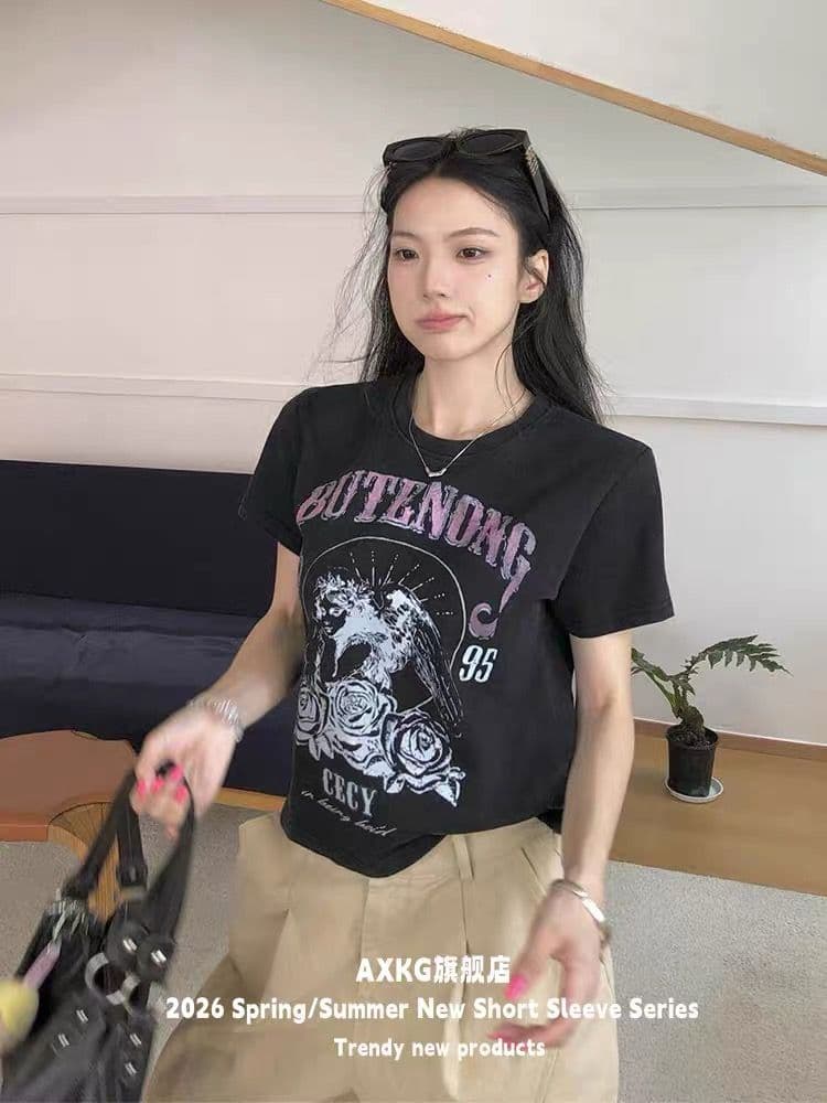 아메리칸 레트로 순면 프린트 몸매 가꾸기 반팔 티셔츠 여성 상세 이미지 5