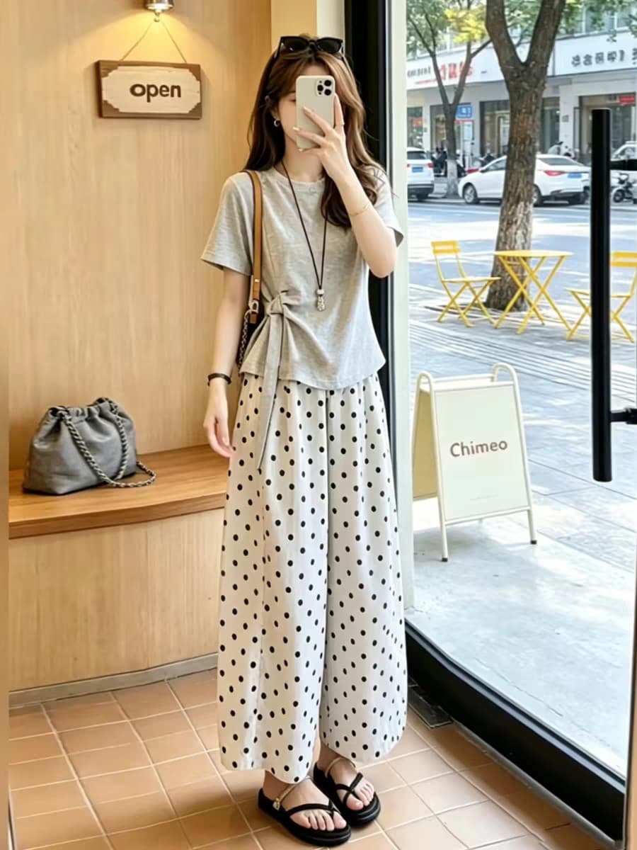 자이언트 잘 생긴 ootd 착용 가져 가라. 전체 집합 2026 새로운 회색 반팔 티셔츠 여성 여름 와이드 팬츠 투피스 슈트 상세 이미지 1