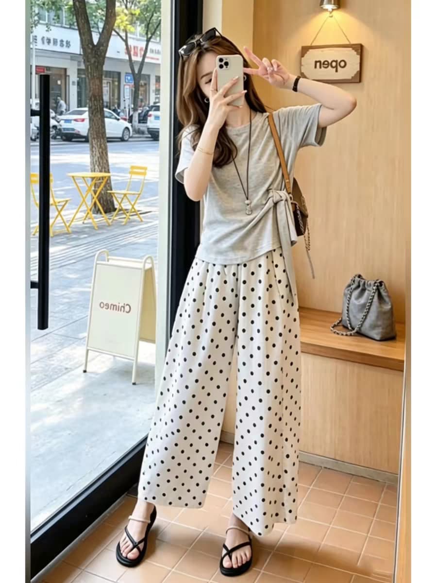 자이언트 잘 생긴 ootd 착용 가져 가라. 전체 집합 2026 새로운 회색 반팔 티셔츠 여성 여름 와이드 팬츠 투피스 슈트 상세 이미지 2