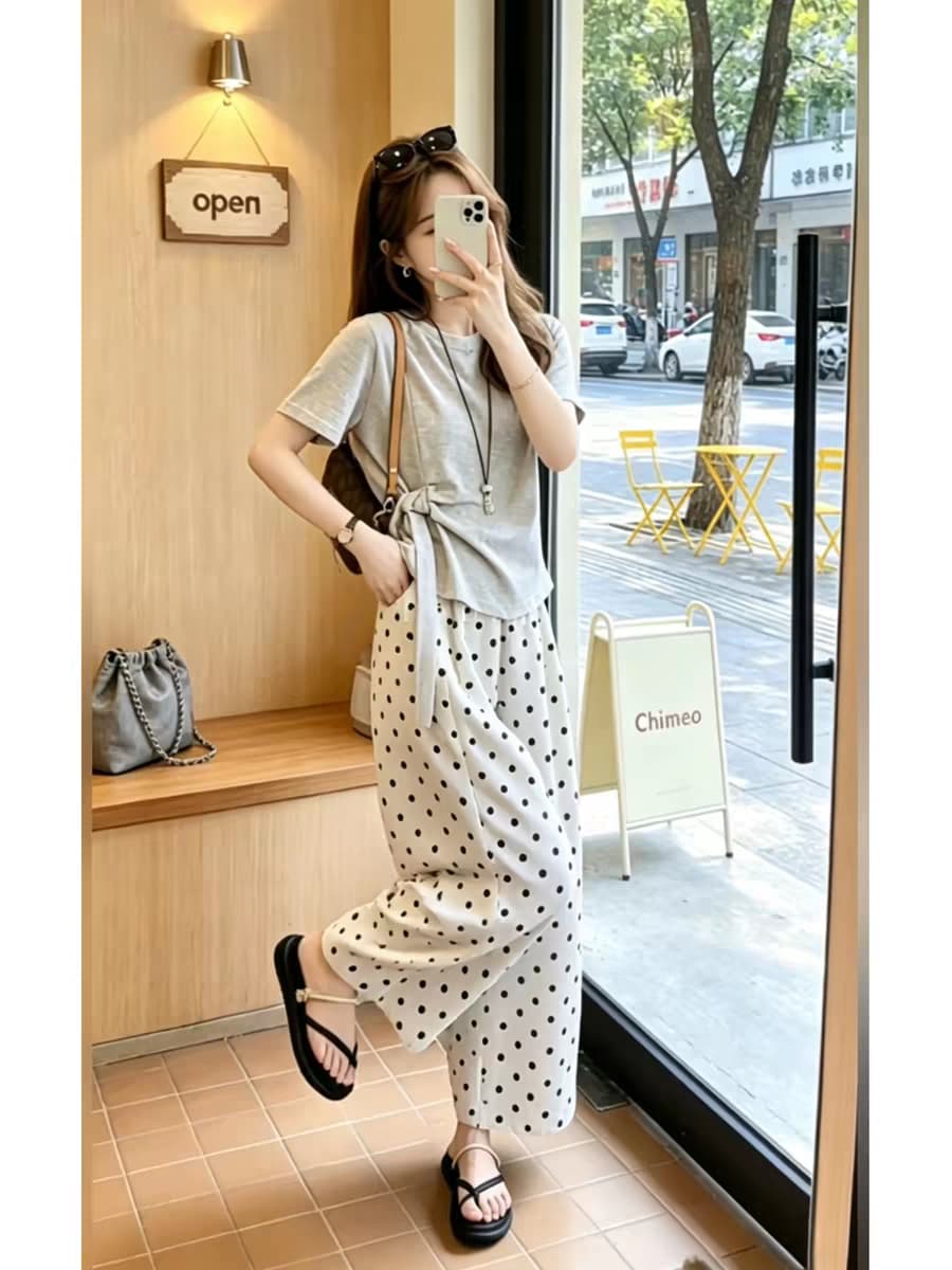 자이언트 잘 생긴 ootd 착용 가져 가라. 전체 집합 2026 새로운 회색 반팔 티셔츠 여성 여름 와이드 팬츠 투피스 슈트 상세 이미지 4