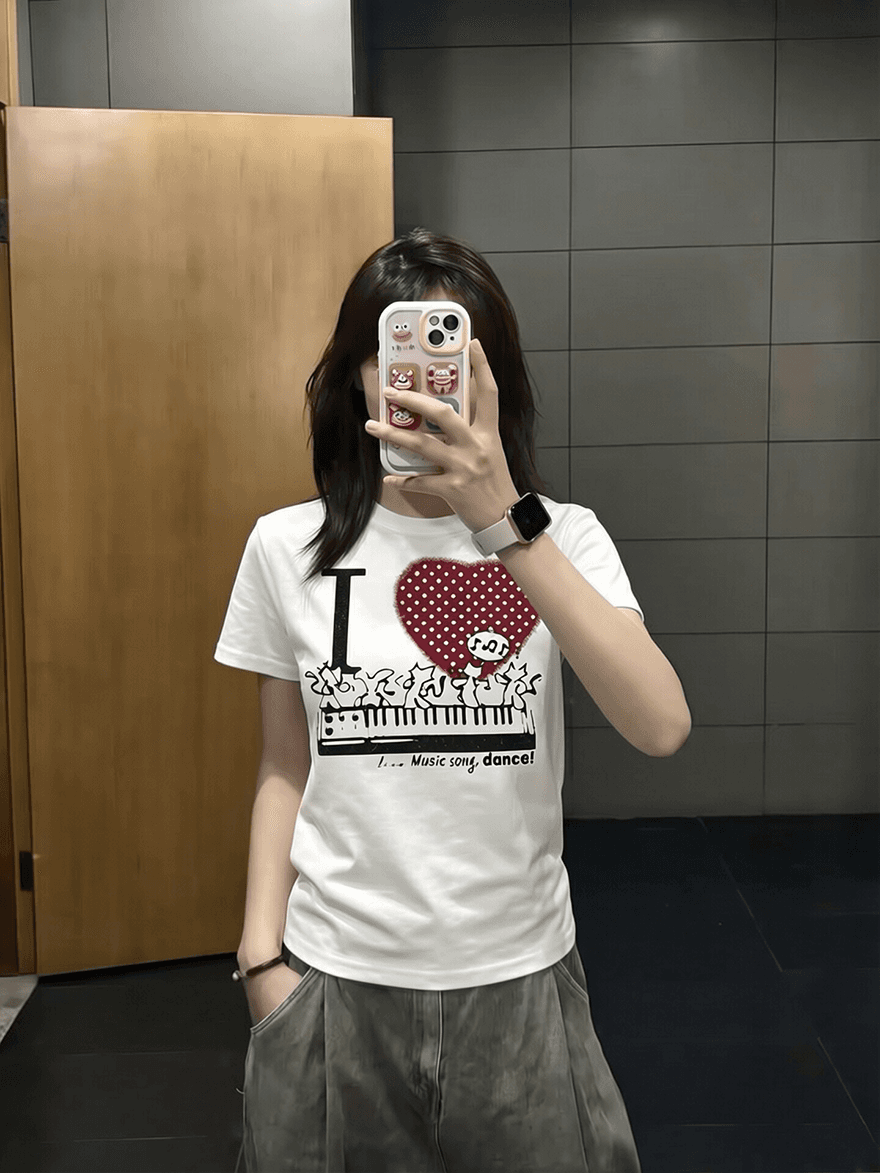 아메리칸 레트로 순면 프린트 반팔 티셔츠 여성 여름 몸매 가꾸기 캐주얼 맨위 이미지 3