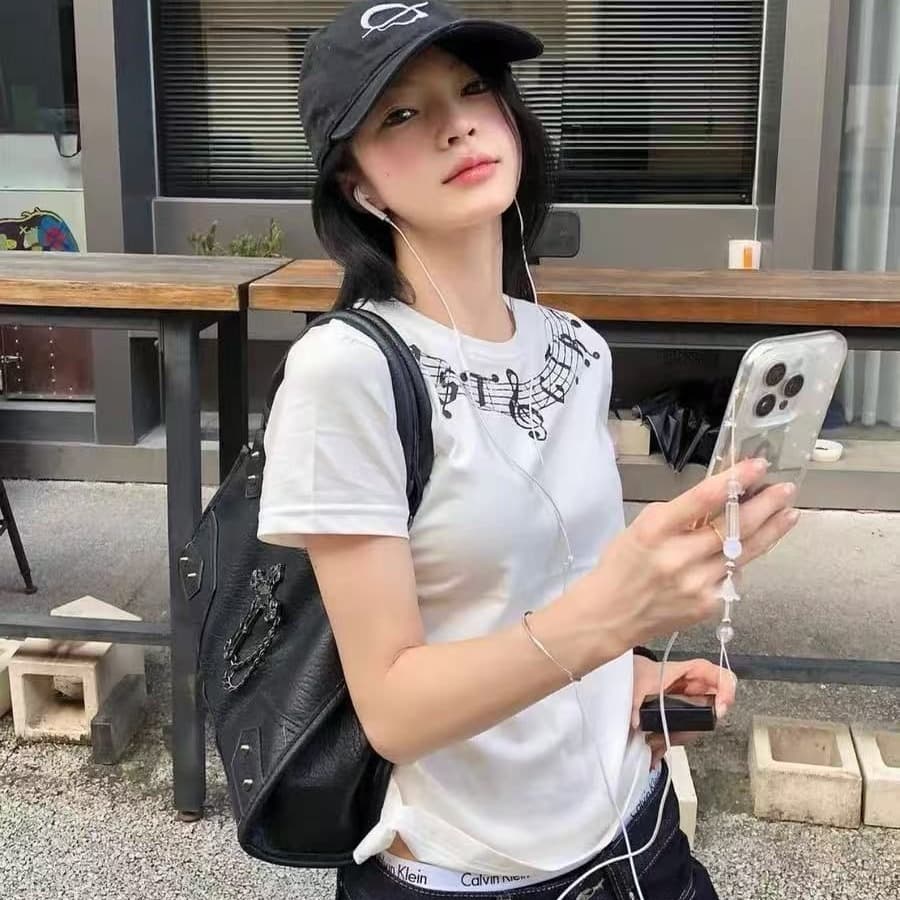 아메리칸 레트로 순면 몸매 가꾸기 자주 규칙 성 어깨 티셔츠 여성 이미지 5