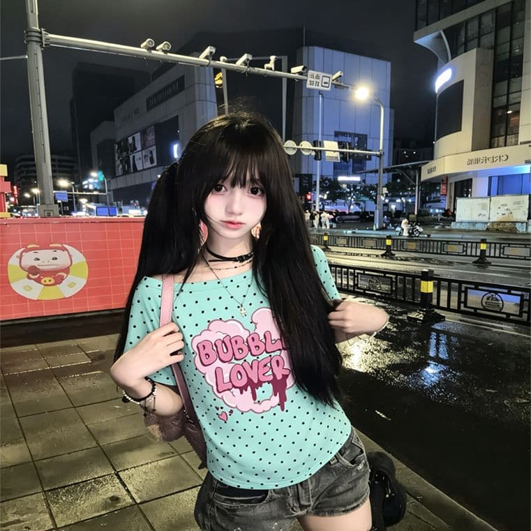 여름 새로운 한 부서 도트 무늬 비스듬한 칼라 오프숄더 프린트 섹션 반팔 티셔츠 여성