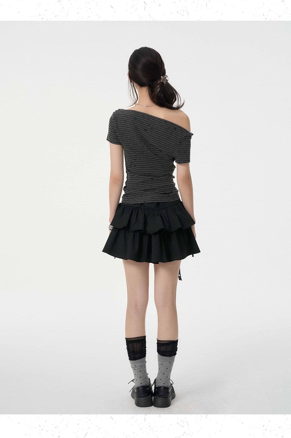 원본 것 한 단어 사선 각도 오프숄더 흔들다 칼라 반팔 티셔츠 여름 별 프린트 배색 몸매 가꾸기 스트라이프 맨위 상세 이미지 11