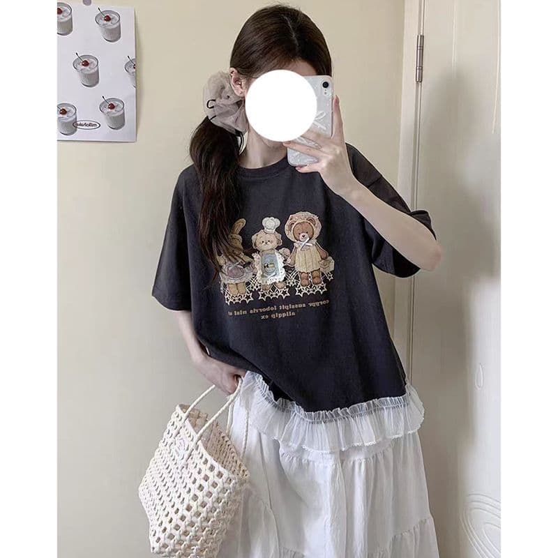 220g 순면 패치워크 레이스 프린트 한국 스타일 새로운 여름 다용도 캐주얼 반팔 티셔츠 여성 상세 이미지 2