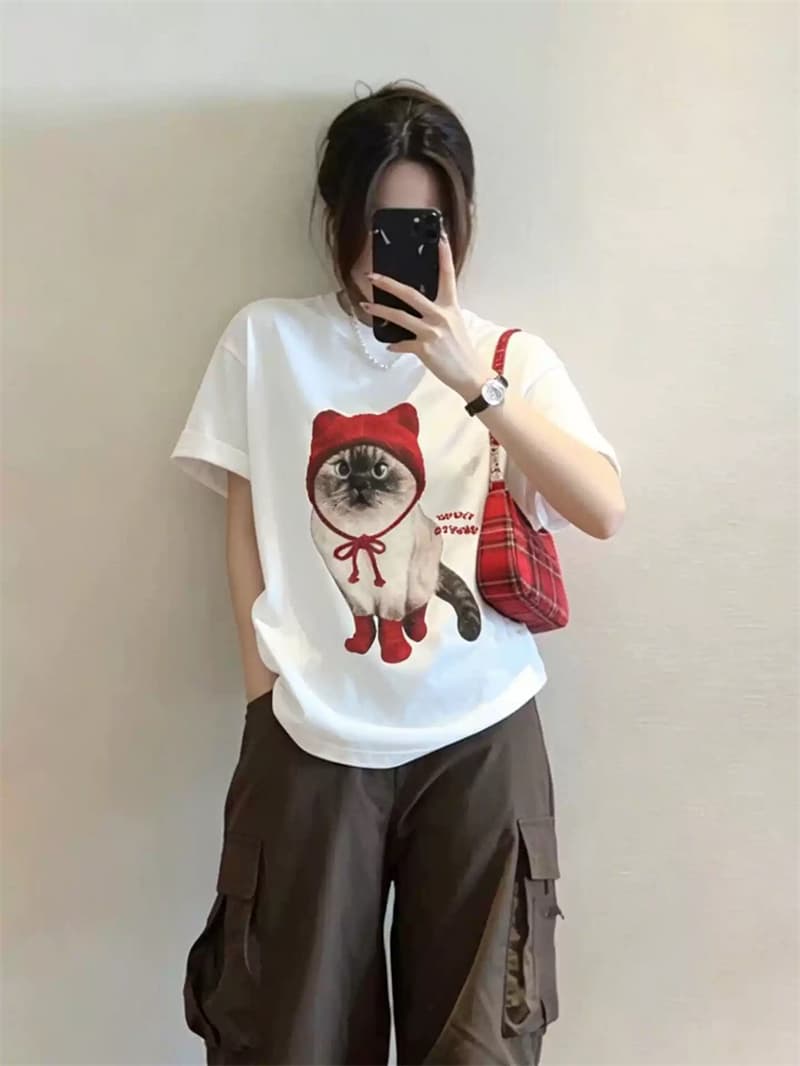 21 순면 210 그램 한국 스타일 여름 드레스 프린트 반팔 티셔츠 여성 이미지 4