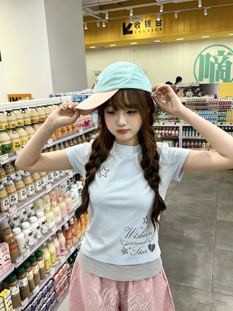 220 그램 92 면 8 암모니아 Lun 자수 아메리칸 별 페이크 레이어드 슬림 피트 티셔츠 맨위 반팔 여성 이미지 4
