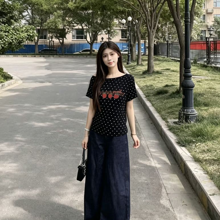 여름 새로운 한 부서 도트 무늬 비스듬한 칼라 오프숄더 프린트 섹션 반팔 티셔츠 여성