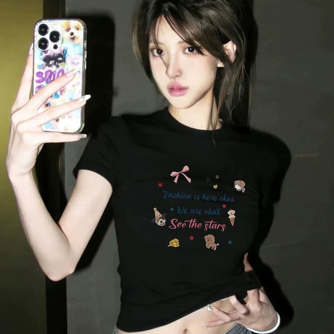 아메리칸 레트로 프린트 긍정적 인 어깨 라운드 넥 반팔 티셔츠 여성