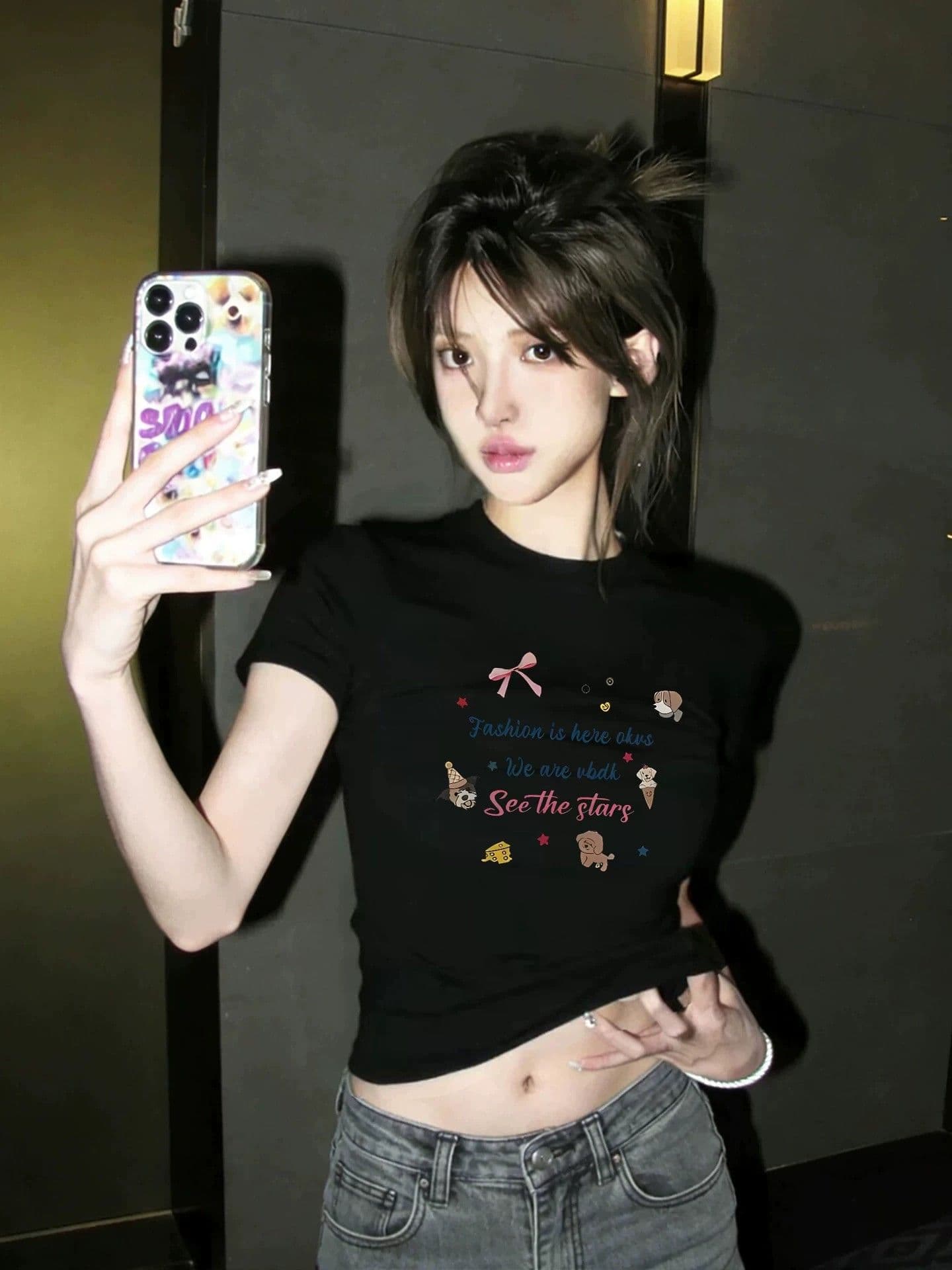 아메리칸 레트로 프린트 긍정적 인 어깨 라운드 넥 반팔 티셔츠 여성 상세 이미지 1