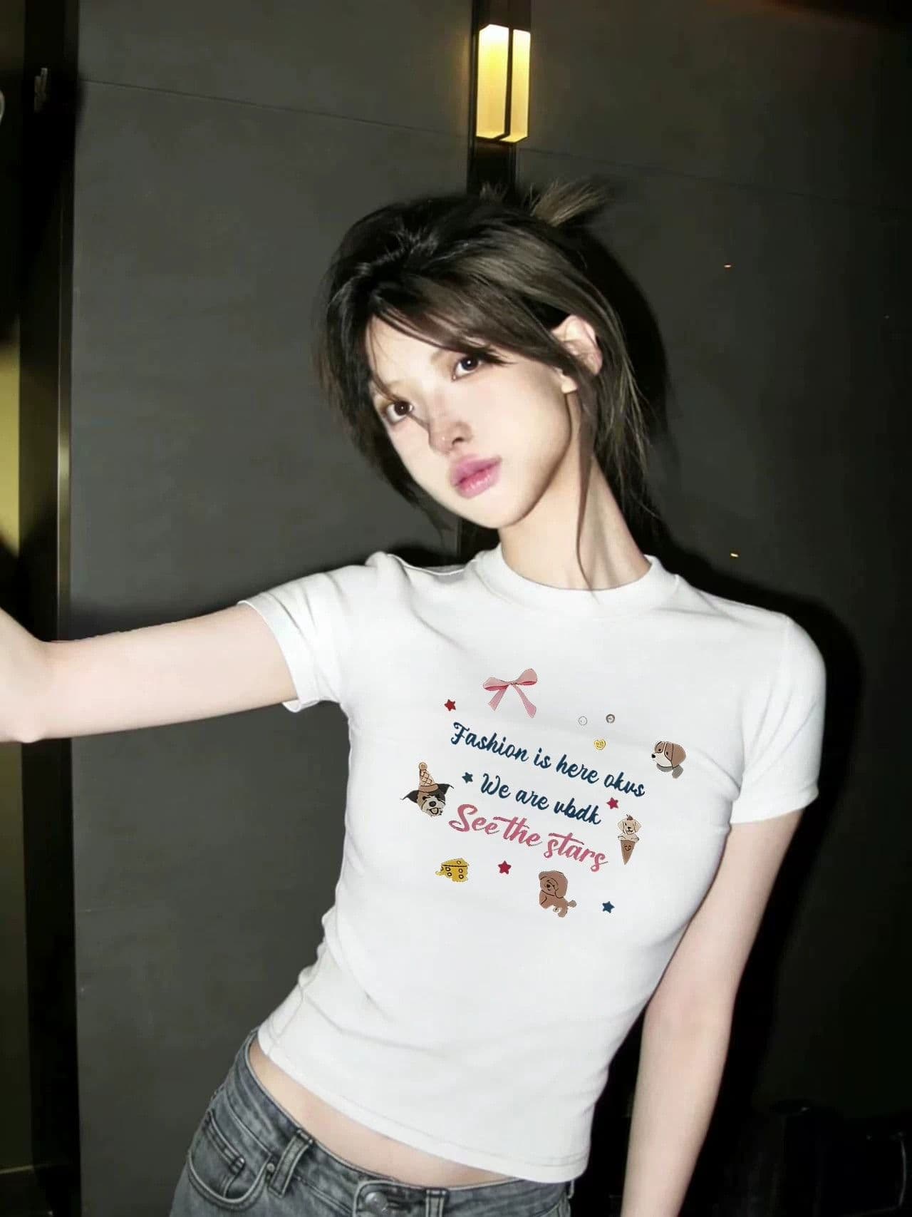 아메리칸 레트로 프린트 긍정적 인 어깨 라운드 넥 반팔 티셔츠 여성 상세 이미지 4