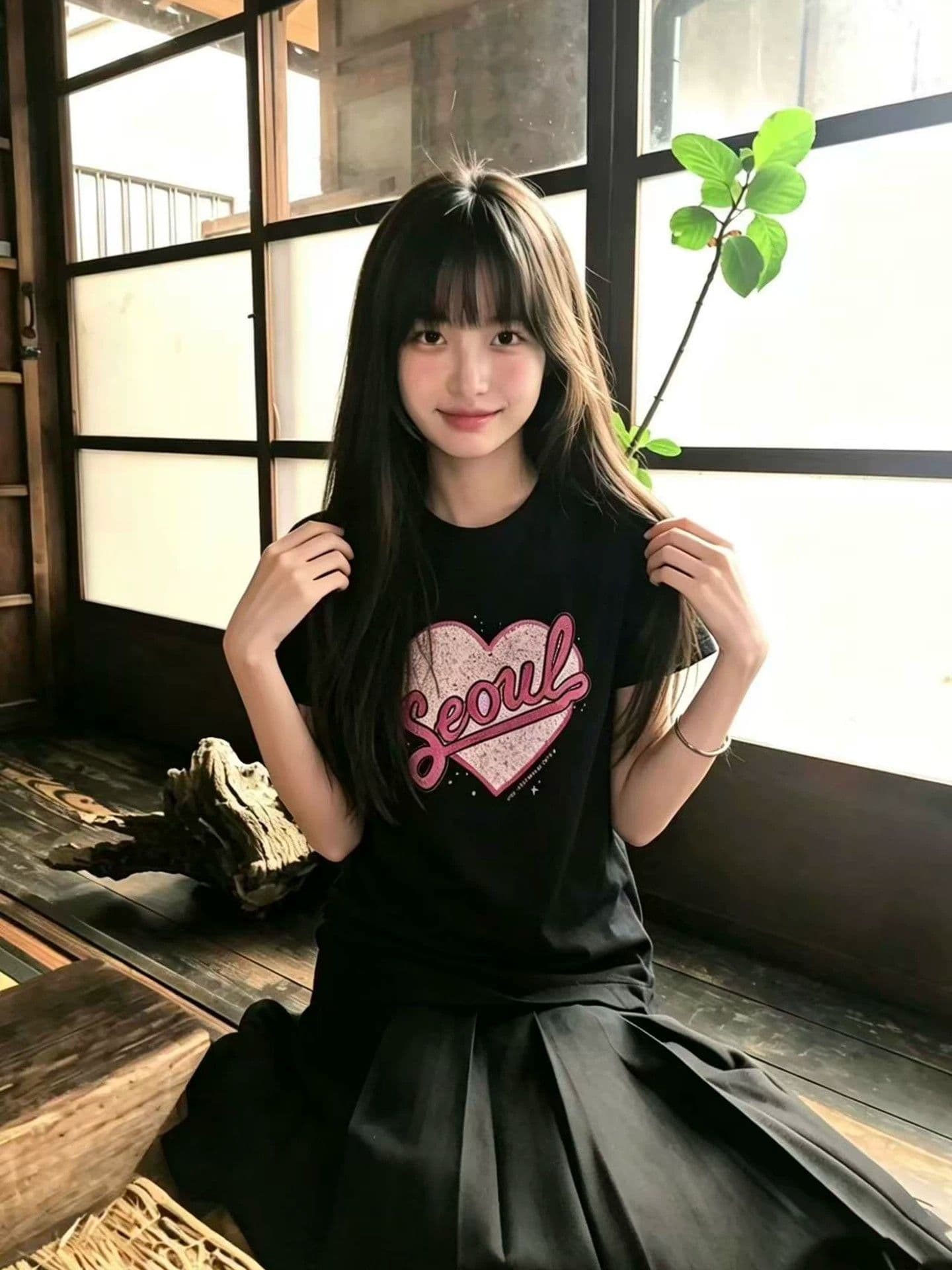 아메리칸 레트로 프린트 긍정적 인 어깨 라운드 넥 반팔 티셔츠 여성 이미지 2