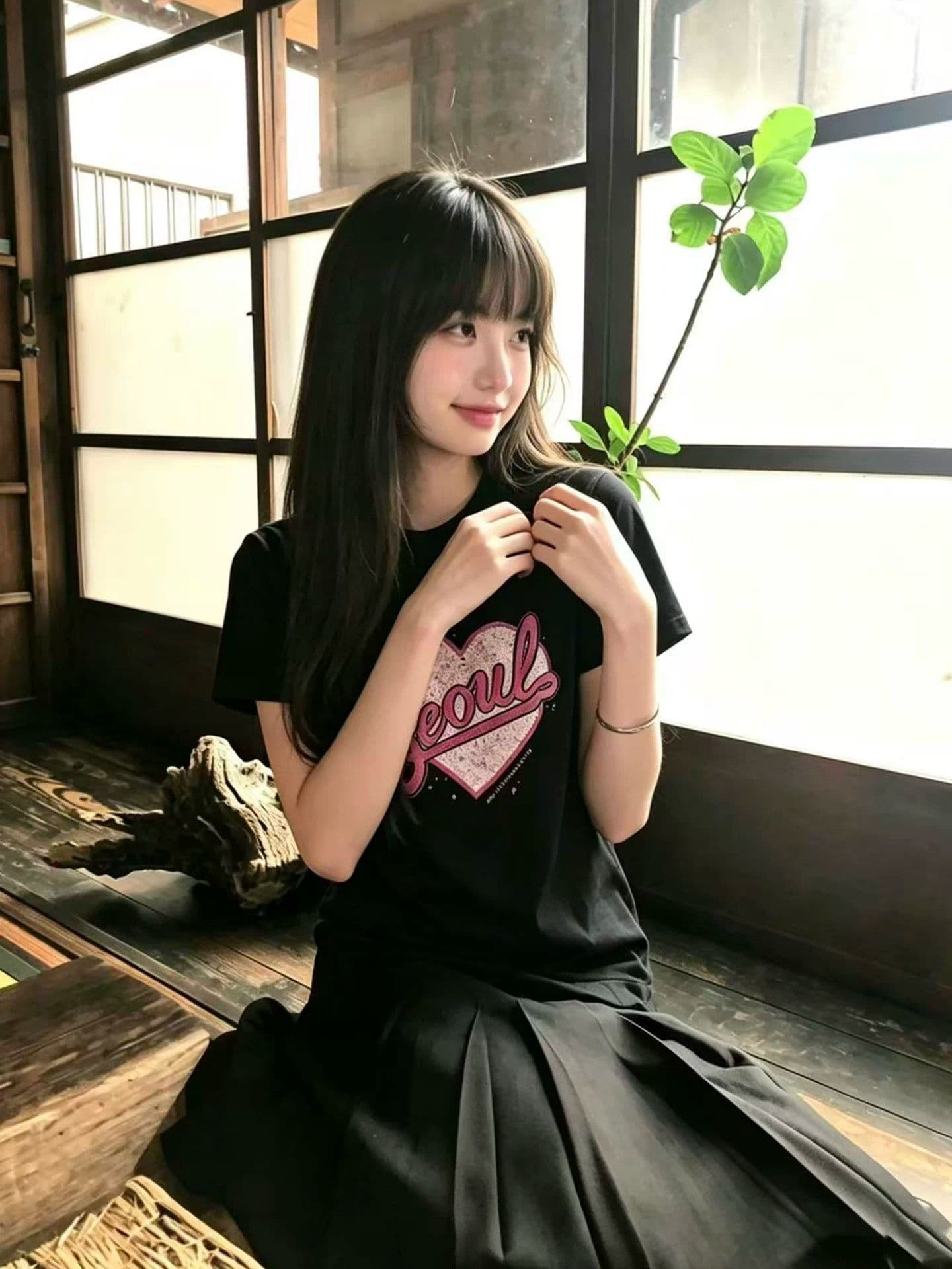 아메리칸 레트로 프린트 긍정적 인 어깨 라운드 넥 반팔 티셔츠 여성 이미지 3