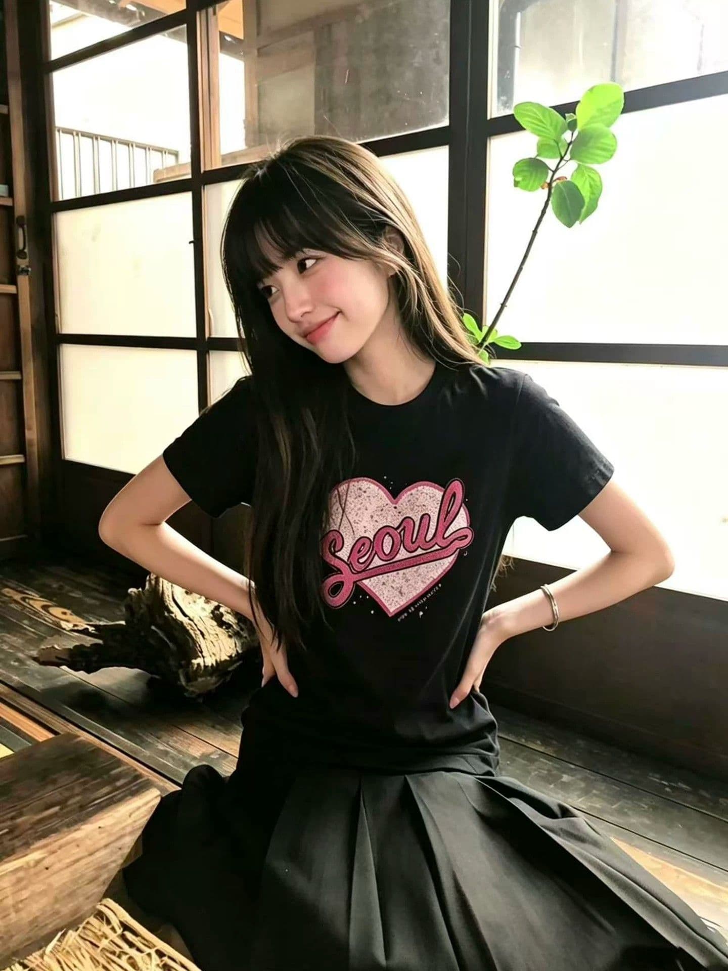 아메리칸 레트로 프린트 긍정적 인 어깨 라운드 넥 반팔 티셔츠 여성 이미지 4