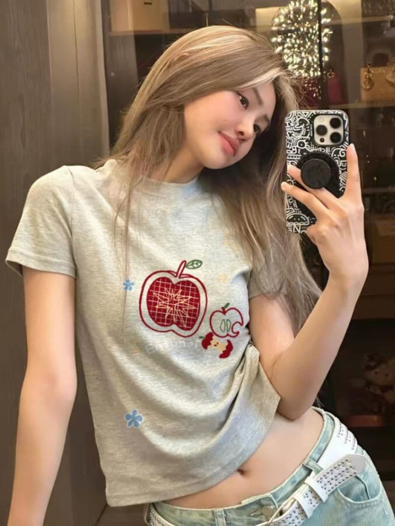 아메리칸 레트로 프린트 긍정적 인 어깨 라운드 넥 반팔 티셔츠 여성 상세 이미지 1
