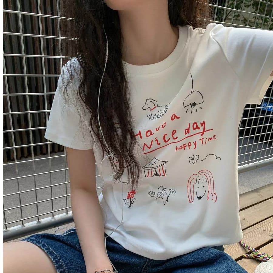 아메리칸 레트로 긍정적 인 어깨 라운드 넥 프린트 반팔 티셔츠 여성