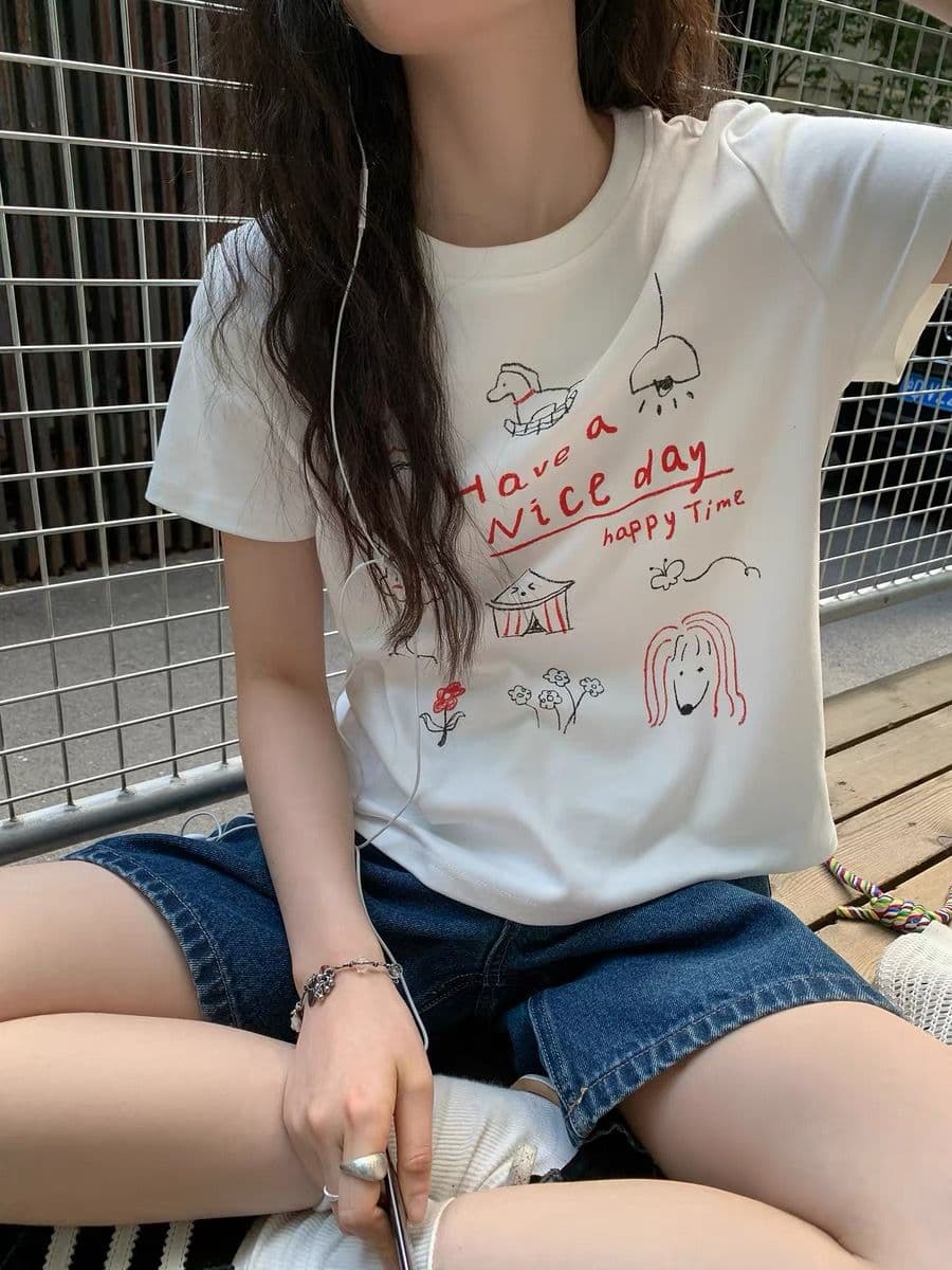 아메리칸 레트로 긍정적 인 어깨 라운드 넥 프린트 반팔 티셔츠 여성 상세 이미지 2