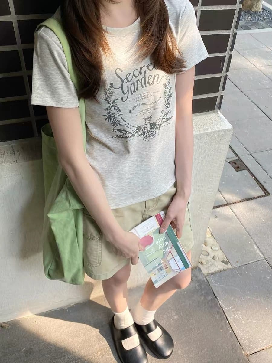 아메리칸 레트로 긍정적 인 어깨 라운드 넥 프린트 반팔 티셔츠 여성 이미지 2