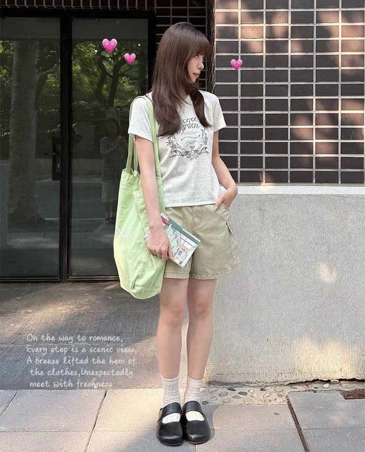아메리칸 레트로 긍정적 인 어깨 라운드 넥 프린트 반팔 티셔츠 여성 이미지 4