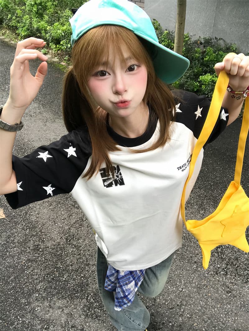 원본 삽입 어깨 소매 19 지점 220 그램 순면 프린트 반팔 티셔츠 여성 이미지 2