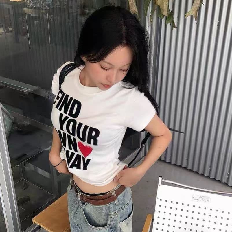 한국 스타일 순면 프린트 몸매 가꾸기 반팔 티셔츠 여성