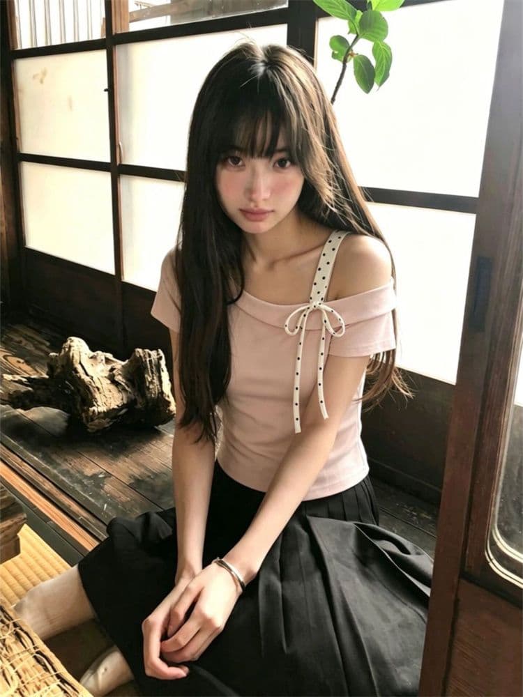 40 순면 양면 칫솔질 프랑스식 나비 매듭 비스듬한 칼라 오프숄더 슬립 티셔츠 작은 키 몸매 가꾸기 쇼트 스타일 반팔 상세 이미지 3