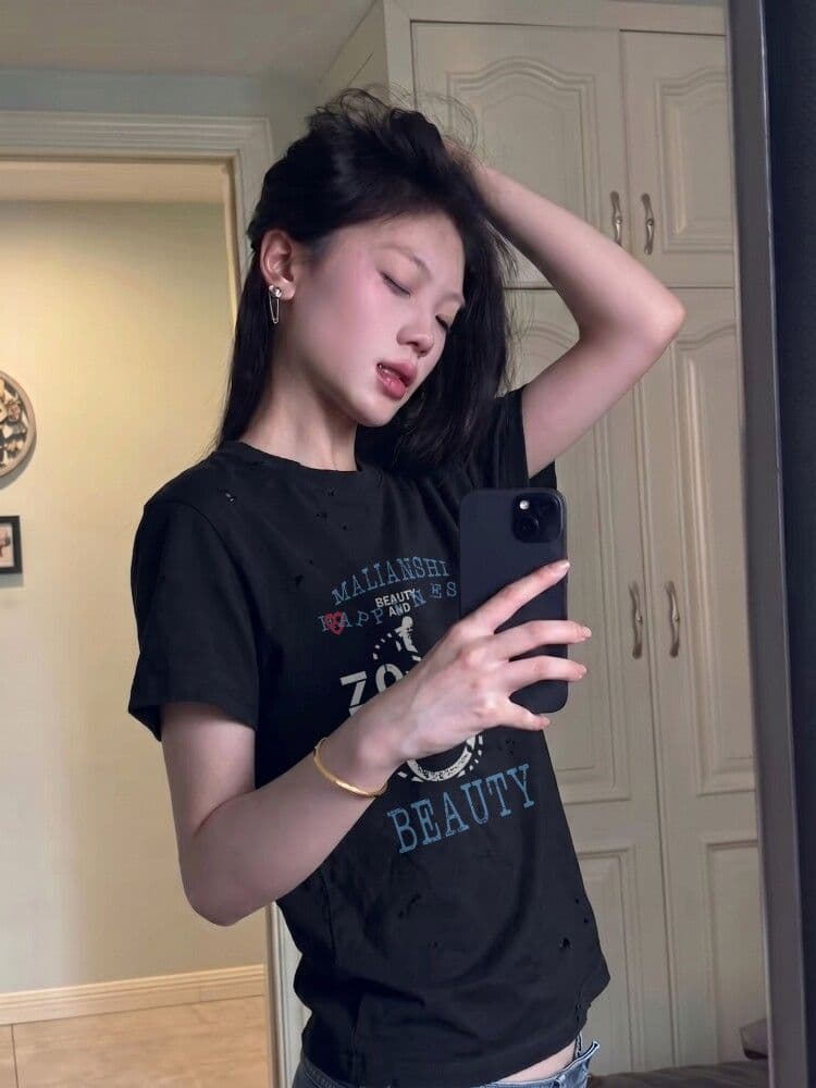 아메리칸 레트로 순면 프린트 반팔 티셔츠 여성 여름 캐주얼 맨위 이미지 4