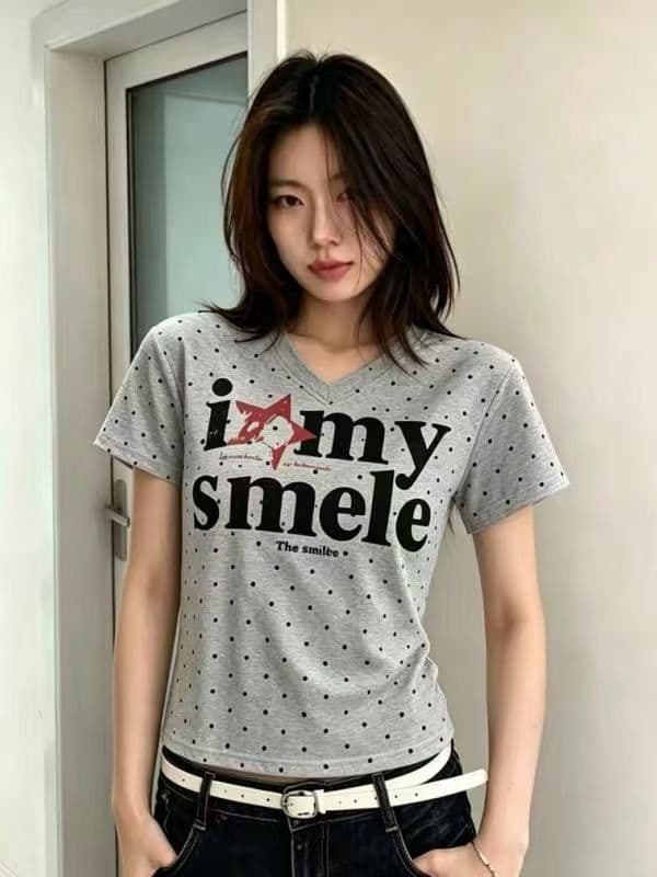 아메리칸 레트로 몸매 가꾸기 슬림해 보이는 V넥 반팔 티셔츠 여성 여름 도트 무늬 상세 이미지 2