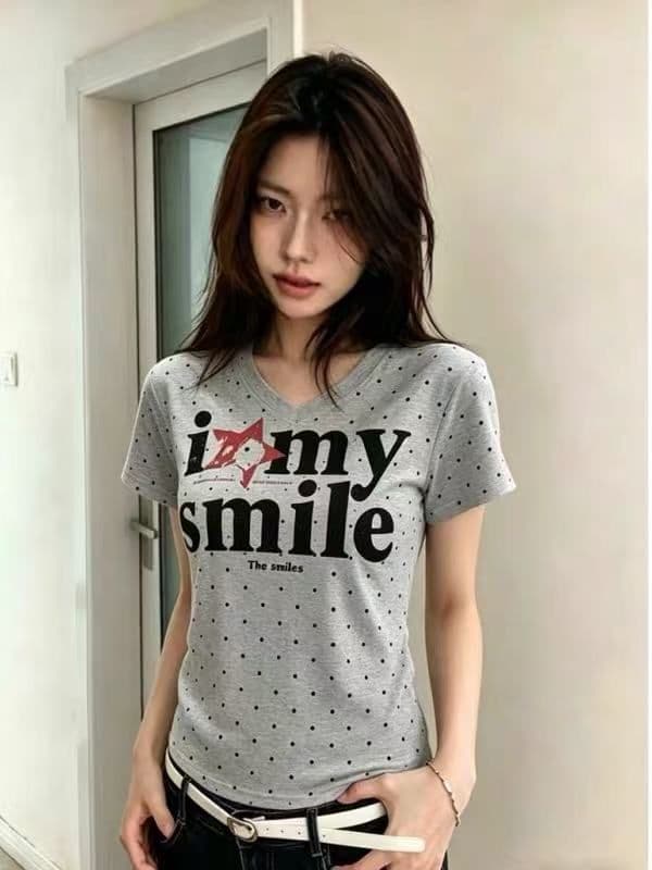 아메리칸 레트로 몸매 가꾸기 슬림해 보이는 V넥 반팔 티셔츠 여성 여름 도트 무늬 상세 이미지 3