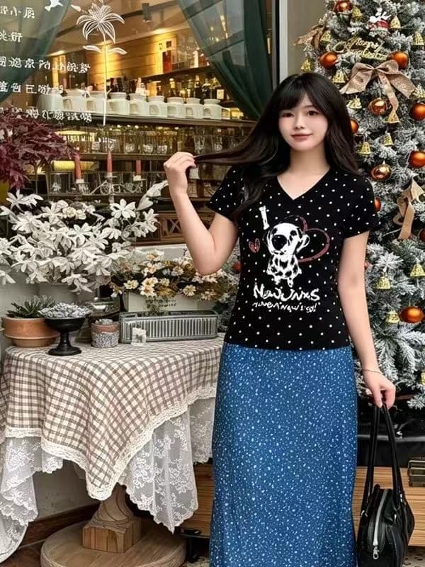 아메리칸 레트로 몸매 가꾸기 슬림해 보이는 V넥 반팔 티셔츠 여성 여름 도트 무늬 이미지 4