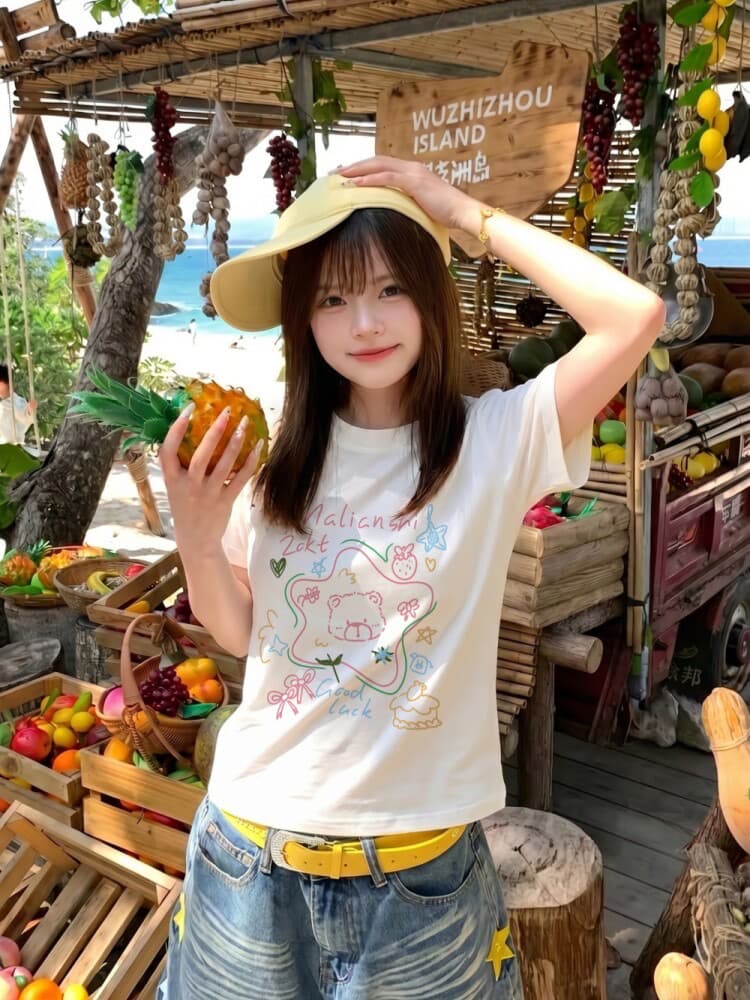 아메리칸 레트로 몸매 가꾸기 프린트 반팔 티셔츠 여성