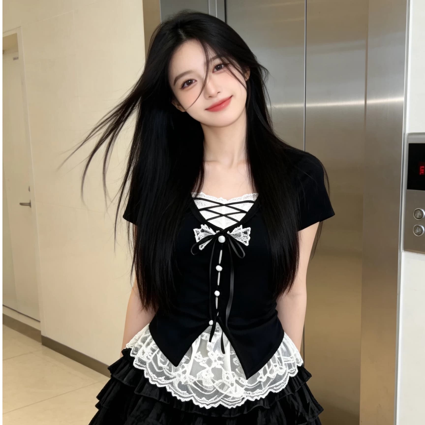 작은 대중 아니요 명중 섹션 다크 달콤한 자매 티셔츠 레이스 스트랩 허리 수축 슬림해 보이는 순수한 욕망 바람 반팔 맨위 여성 여름 폭발 상세 이미지 4