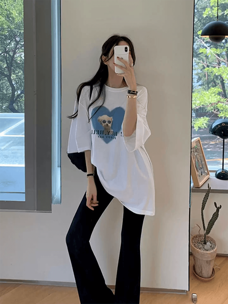 21 순면 210 그램 여름 드레스 반팔 티셔츠 여성 한국 스타일 빅 사이즈 루즈핏 이미지 2