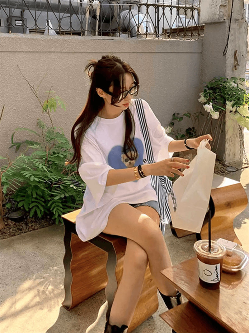 21 순면 210 그램 여름 드레스 반팔 티셔츠 여성 한국 스타일 빅 사이즈 루즈핏 이미지 4
