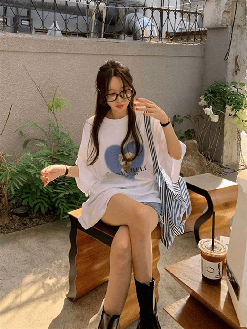 21 순면 210 그램 여름 드레스 반팔 티셔츠 여성 한국 스타일 빅 사이즈 루즈핏 상세 이미지 2
