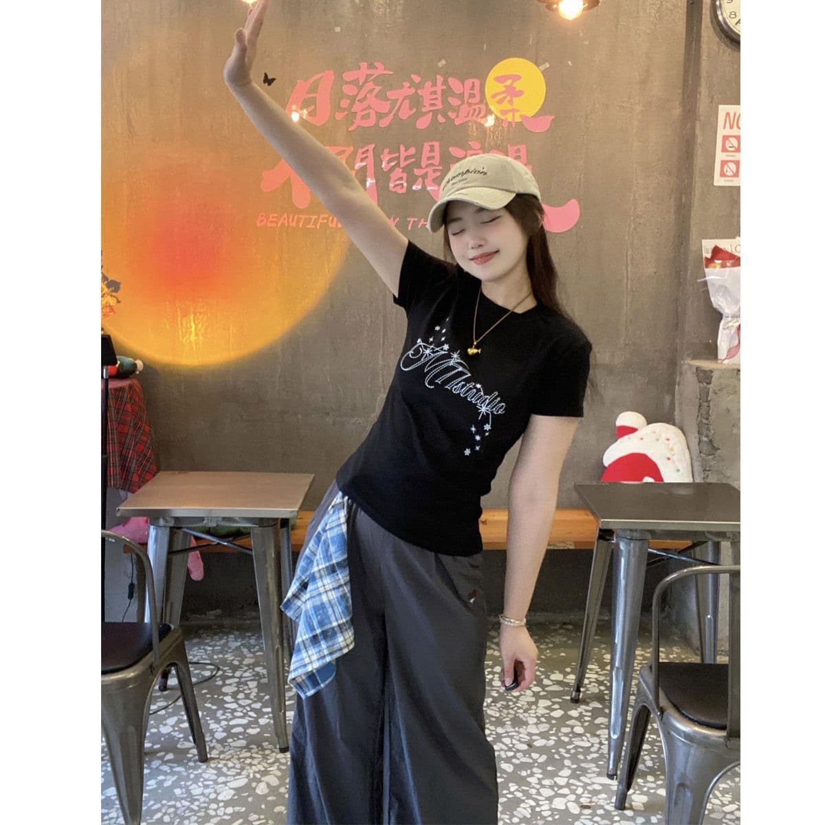 40 95 면 5 암모니아 Lun 한 부서 프린트 몸매 가꾸기 자주 규칙 성 어깨 티셔츠 여성 상세 이미지 2