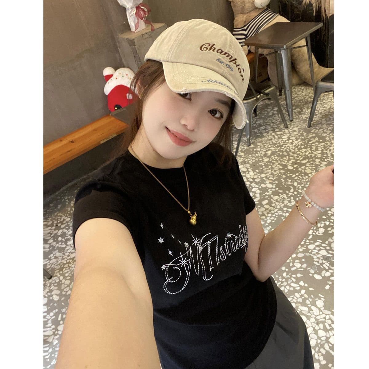 40 95 면 5 암모니아 Lun 한 부서 프린트 몸매 가꾸기 자주 규칙 성 어깨 티셔츠 여성 상세 이미지 5