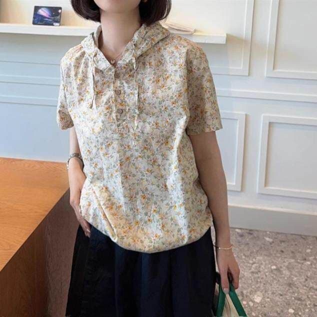 한국 동대문 여성 의류 여름 달콤함 작은 청신 꽃무늬 펌프 로프 레이스업 얇은 스타일 후드 풀오버 반팔 작은 셔츠