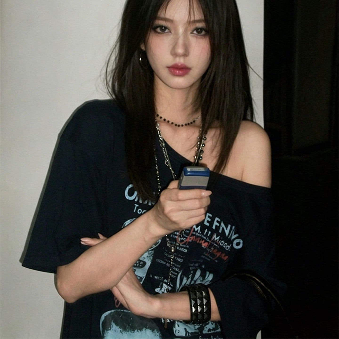 220 그램 92 면 8 암모니아 Lun 아메리칸 핫걸 비스듬한 어깨 알파벳 프린트 반팔 티셔츠 여성 이미지 2