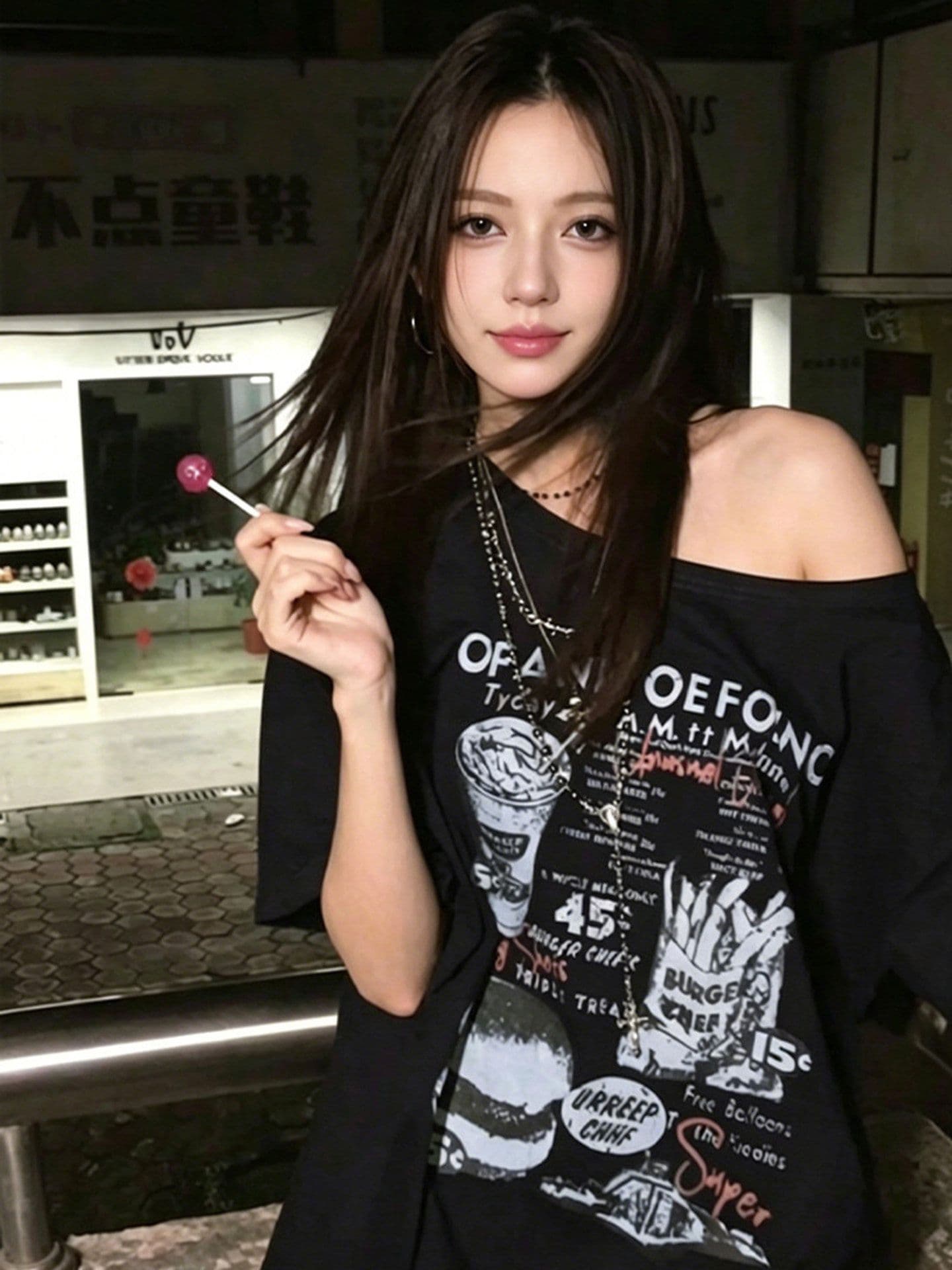 220 그램 92 면 8 암모니아 Lun 아메리칸 핫걸 비스듬한 어깨 알파벳 프린트 반팔 티셔츠 여성 이미지 3