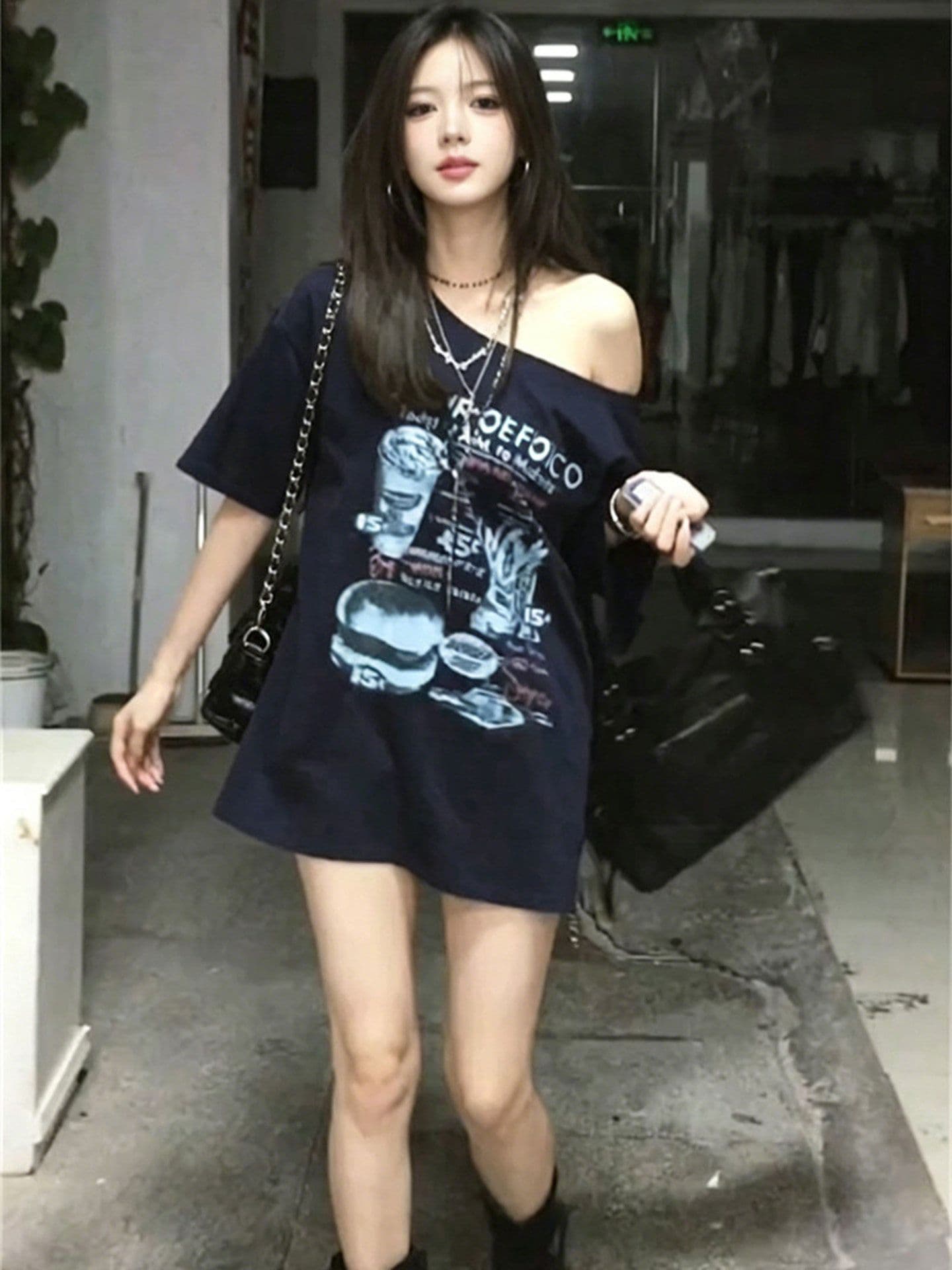 220 그램 92 면 8 암모니아 Lun 아메리칸 핫걸 비스듬한 어깨 알파벳 프린트 반팔 티셔츠 여성 상세 이미지 5
